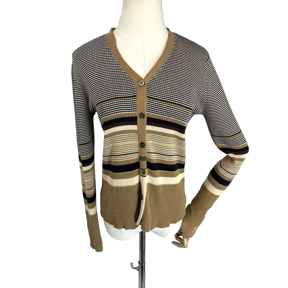Y2k J. Crew Cardigan Sweater Medium Brown V‎ Neck Button Striped Office Siren